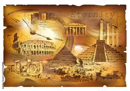 Collage on the theme of eternity contains images of ancient architecture and ruins, who went through time on the backdrop of charred paper. Vector illustration.