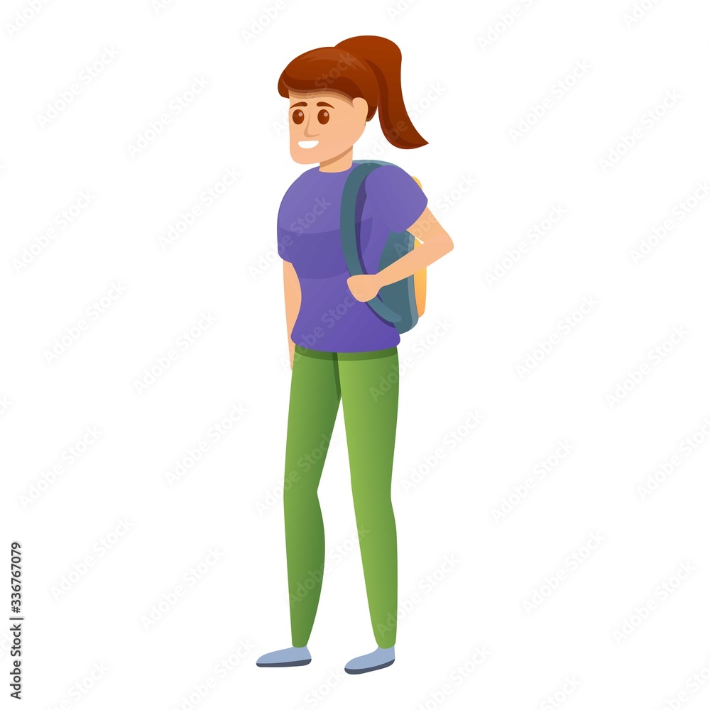 Obraz premium Student girl with backpack icon. Cartoon of student girl with backpack vector icon for web design isolated on white background