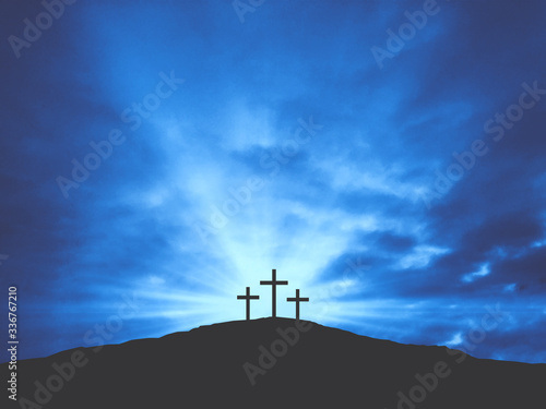 Valokuvatapetti Three Christian Easter Crosses on Hill of Calvary with Blue Clouds in Sky - Cruc