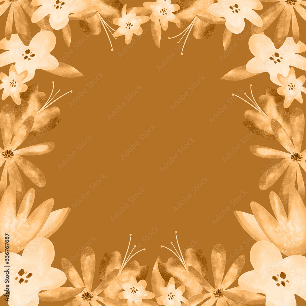 Flower buds watercolor digital art frame on orange background. Print for fabrics, banners, web design, posters, invitations, cards, stationery, wrapping paper.