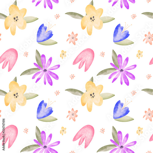 Colored flower buds watercolor texture digital art digital seamless pattern on white background. Print for fabrics  banners  web design  posters  invitations  cards  stationery  wrapping paper.