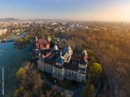 Europe Hungary Budapest Castle of Vajdahunyad. Sunrise aerial view scenic. Empty. covid-19