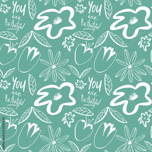 Flower buds seamless pattern contour digital doodle art on green background. Print for fabrics  banners  web design  posters  invitations  cards  stationery  wrapping paper.