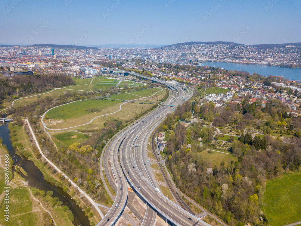 Aerial view of highway in Switzerland leading to Zurich. Large intersection of motorway towards Zurich.