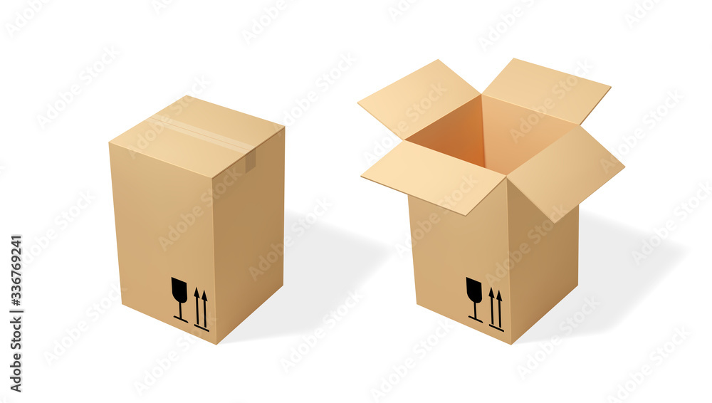 Fototapeta premium Brown tall cardboard opened and closed box. Realistic vector illustration for moving service or warehouse design.