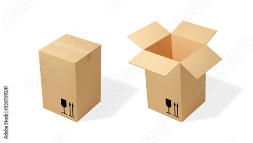Brown tall cardboard opened and closed box. Realistic vector illustration for moving service or warehouse design.