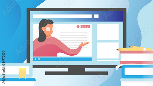 Courses and distance learning. Lessons, online exams and graduation from home. Teaching live online, vector illustration. Webinar, university, quarantine, work from home concept
