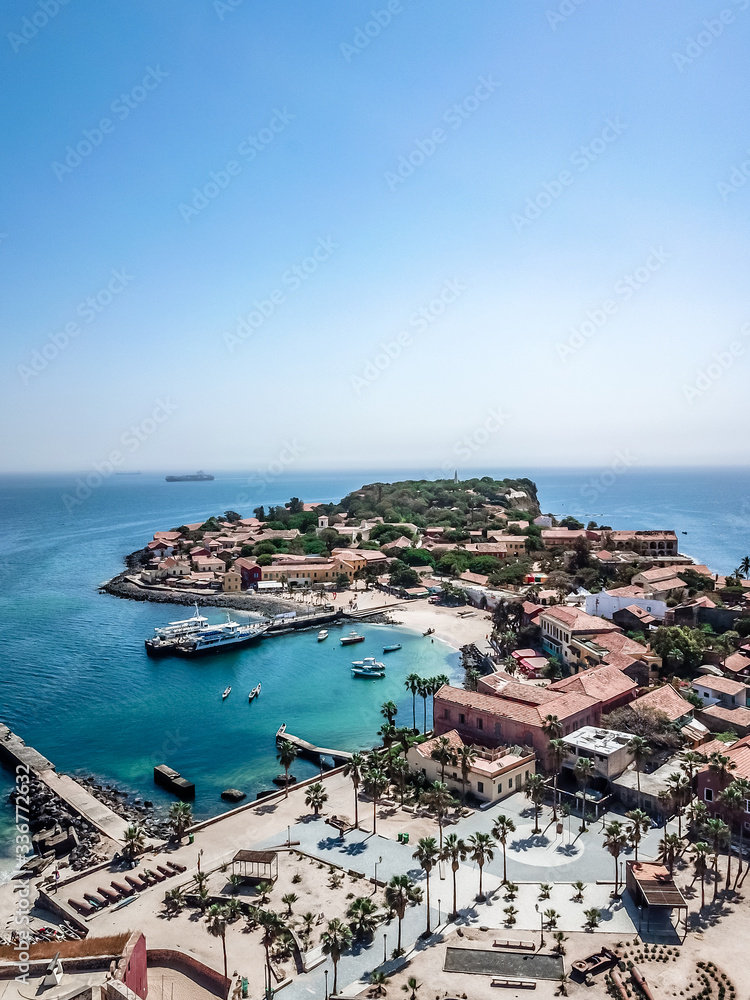 Aerial view on Goree Island in Dakar Senegal, slavery island by drone