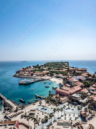 Aerial view on Goree Island in Dakar Senegal, slavery island by drone