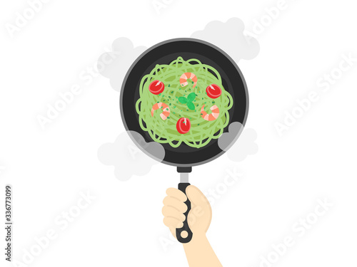 ジェノベーゼパスタの調理のイラスト