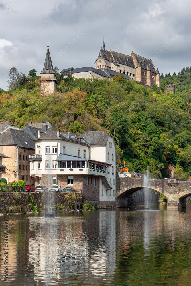 Vianden castle above valley and river Our in Luxembourg