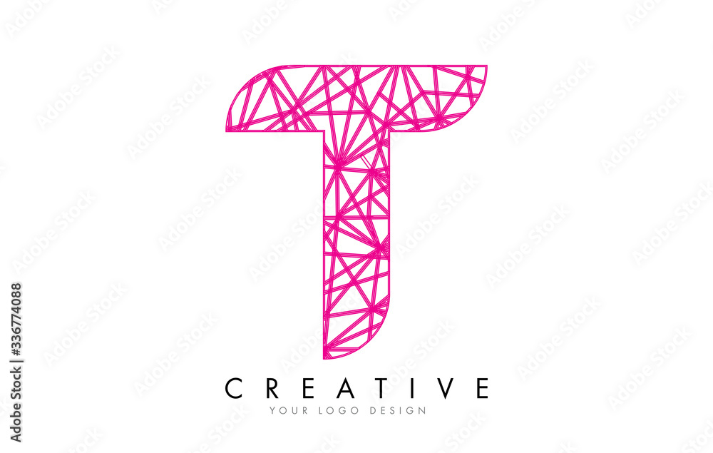 Sketched stylized Letter T with Pink Lines Pattern Design.