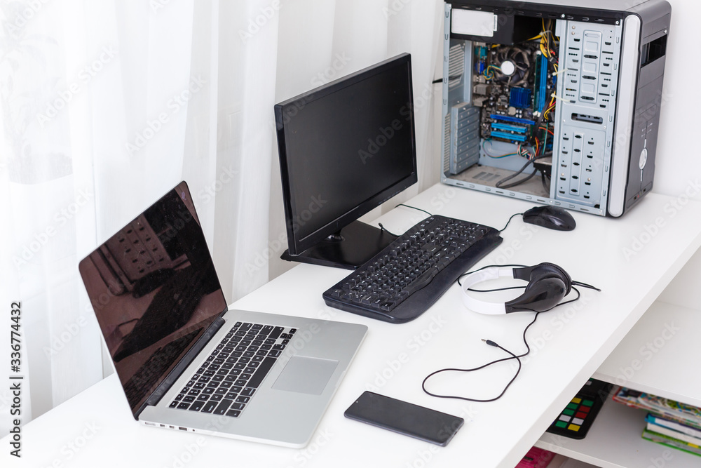 Workspace background, laptop and computer at home Workspace background, laptop and computer at home
