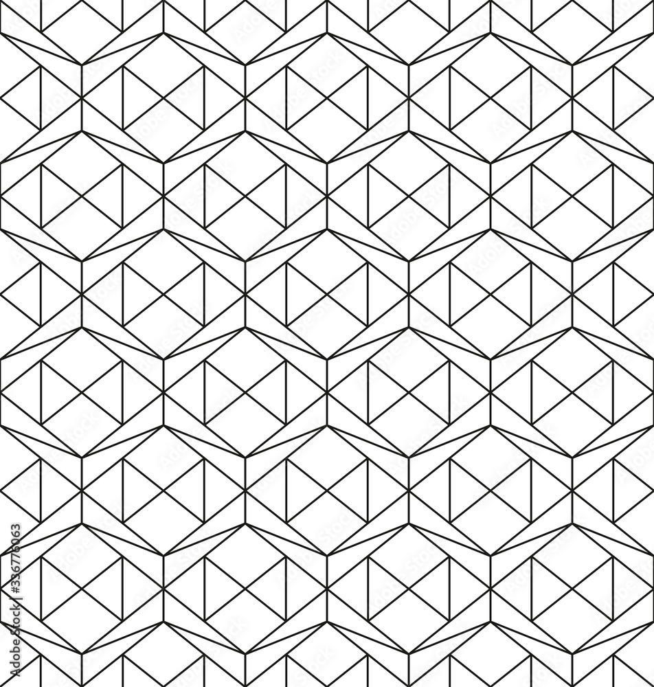Geometric seamless pattern in outline style. Luxury texture with hexagons and rhombus. Abstract diamond shapes wrapping template. Black intersecting lines on white background. EPS8 vector illustration Geometric seamless pattern in outline style. Luxury texture with hexagons and rhombus. Abstract diamond shapes wrapping template. Black intersecting lines on white background. EPS8 vector illustration