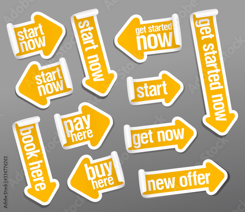 Stickers set in form of arrows - start now, pay here, get started now, etc.