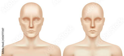 Man and woman, upper body vector illustration. Caucasian male and female models, isolated on a white background. Gender anatomy differences.