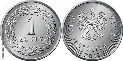 vector Polish Money one zloty silver coin, reverse with Value and 1 wreath of leaves, obverse eagle in a crown
