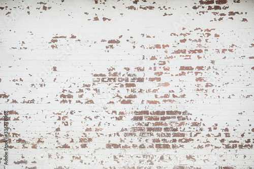 A whitewashed old painted vintage brick wall of a home commercial building perfect for a backdrop, web banner or background for design with lots of copy space