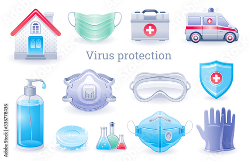 Virus protection icon. Corona virus Covid prevention collection, medical ppe element set. Soap bottle, respirator mask, ambulance car, gloves. Coronavirus vector illustration isolated white background