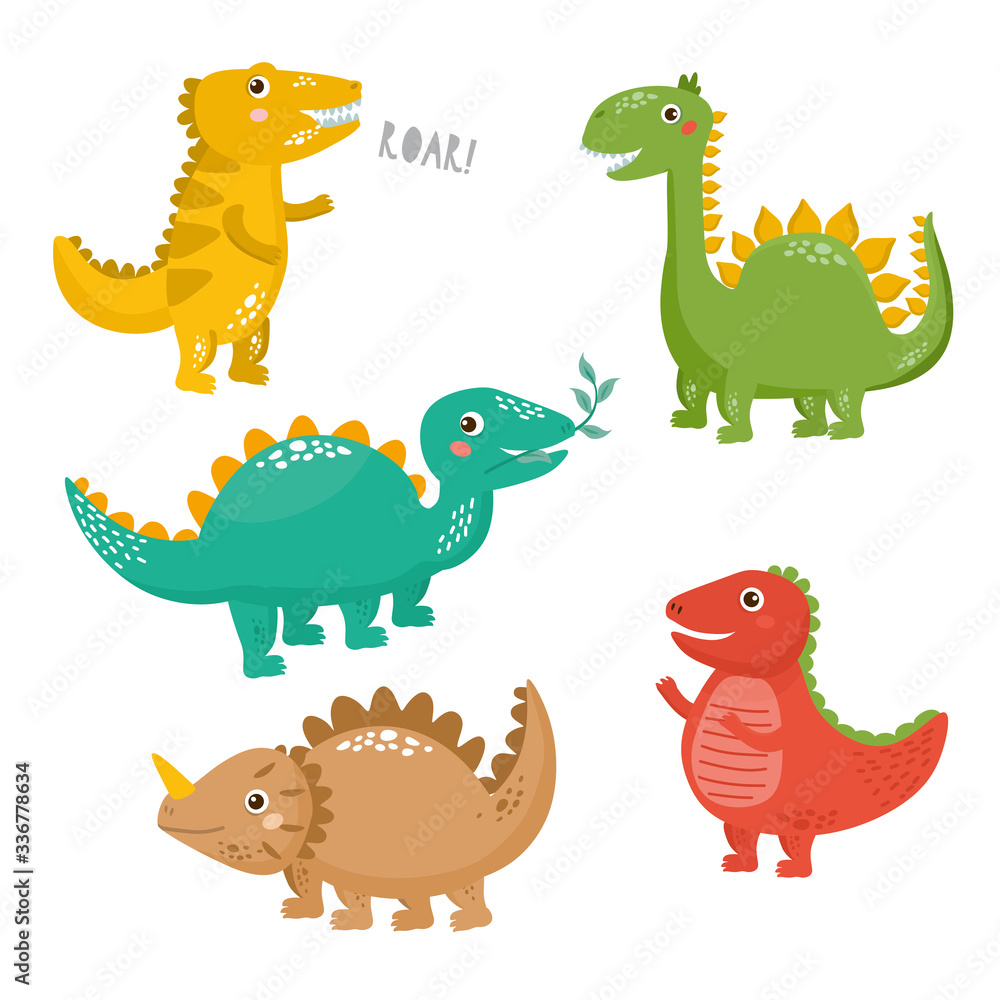 Naklejka premium Set of cute dinosaurs isolated on white background. Kids illustration. Funny cartoon Dino collection.