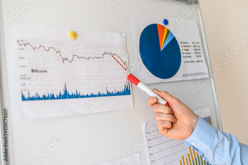 Hand of guy in shirt points on graphs photo