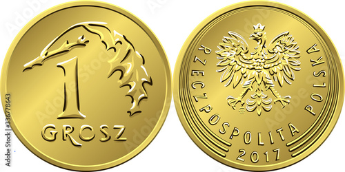 vector Polish Money one grosz copper coin reverse with Value and 1 leaves obverse with eagle in golden crown