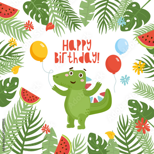 Happy Birthday Cute childish invitation card with dinosaur  watermelon  and tropical leaves. Baby Shower template design. Dino with colorful balloon.