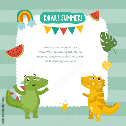 Cute childish card with dinosaurs, watermelon, palm leaves and rainbow. Baby Shower or Birthday template design. Childish frame template.