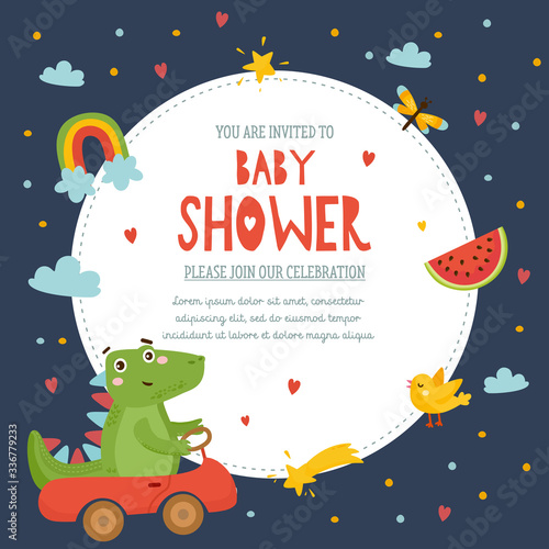 Baby Shower Cute childish invitation card with dinosaur, watermelon, bird and rainbow. Baby Shower template design. Dino driving a car.