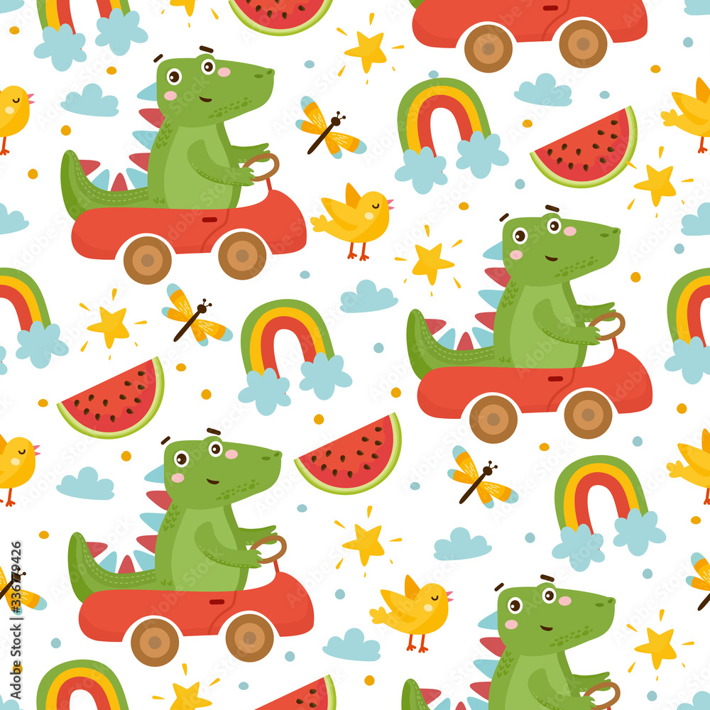 Naklejka premium Cute childish seamless pattern. Dinosaur, watermelon, bird and rainbow. Baby Shower illustration. Dino driving a car. For fabric print, wrapping paper, etc.