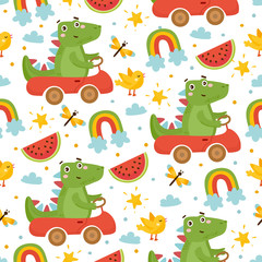 Keuken achterwand Dieren onderweg patronen Cute childish seamless pattern. Dinosaur, watermelon, bird and rainbow. Baby Shower illustration. Dino driving a car. For fabric print, wrapping paper, etc.  © twobears_art