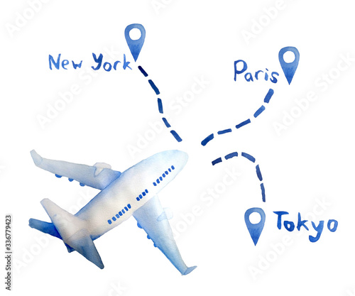 Watercolor hand drawn illustration of passenger airplane aircraft plane in blue colors. Geo location with destination Paris New York Tokey. Tourism trip journey flight concept. Design for airlines photo