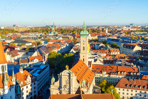 Aerial view of red roofs in old city, Munich, Germany