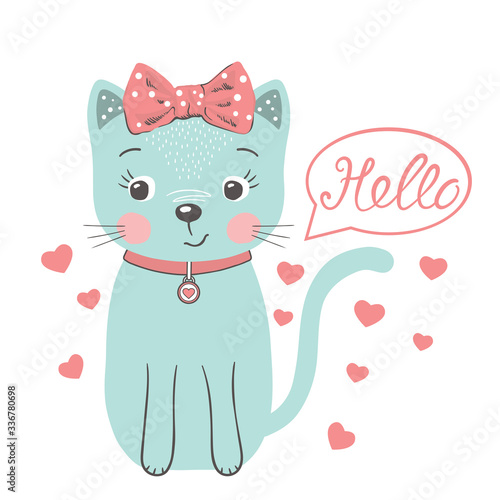 Cute cat girl. Hello slogan. Cartoon vector illustration design for t-shirt graphics, fashion prints