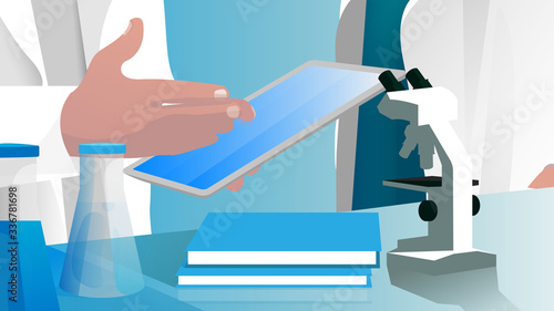Doctors in white lab coats talking about results of the analyzes and the possibility of developing vaccines against diseases not known. Doctor holding tablet. Microscope, books, bottles on the table