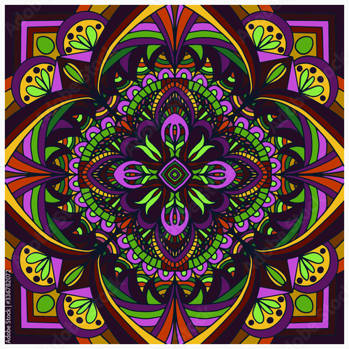 mosaic with ethnic ornaments of dark brown and yellow colors, mandala, vector
