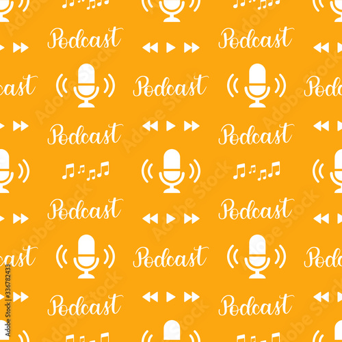 Podcast seamless pattern with handlettering and music icons on orange background.
