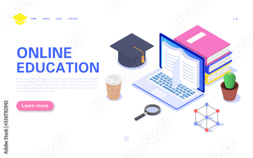 Modern online education banner concept. Distance home training, retraining, online courses, specialization.