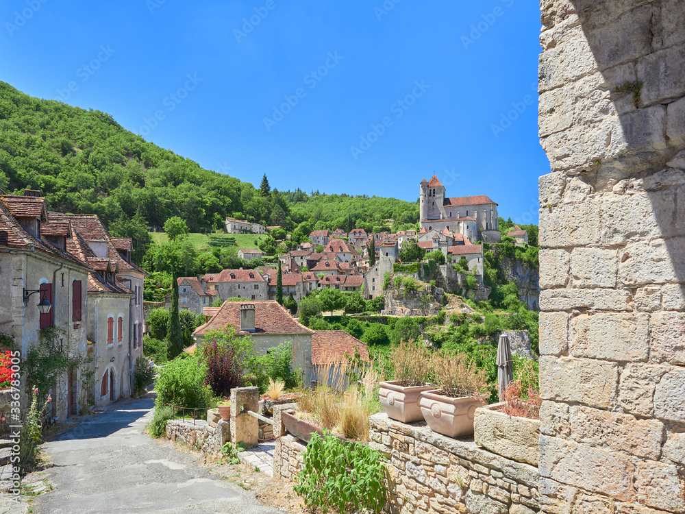 Landscape view from the Porte de Rocamadour gate of Saint-Cirq-Lapopie, one of the most beautiful villages in France (Plus Beaux Villages de France), Lot River valley, Causses du Quercy Natural Park