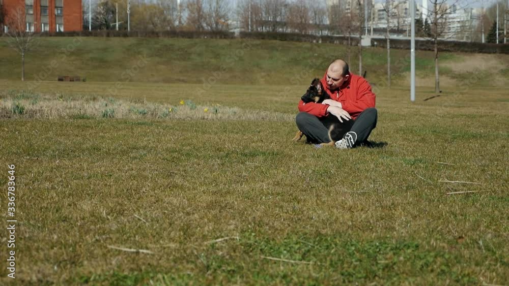 A man sits on the grass and hugs his German shepherd puppy dog on a grassy lawn. Slow motion A man sits on the grass and hugs his German shepherd puppy dog on a grassy lawn. Slow motion