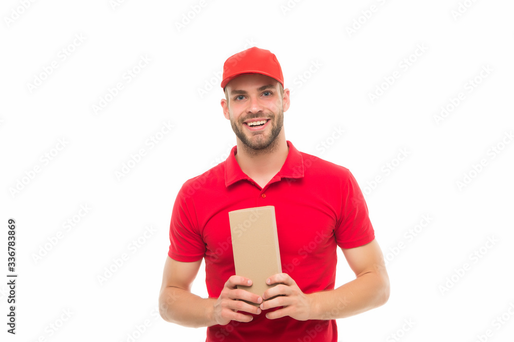 Promised quality service. Man delivery service. Happy guy hold parcel isolated on white. Express courier service. Shipping and delivery service. Sending by parcel post. Faster than you can think Promised quality service. Man delivery service. Happy guy hold parcel isolated on white. Express courier service. Shipping and delivery service. Sending by parcel post. Faster than you can think