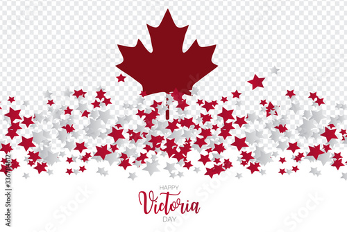 Happy Victoria Day Canada Holiday banner. National white and red flag colors confetti stars. Celebration concept overlay background with transparency. Vector illustration with lettering.