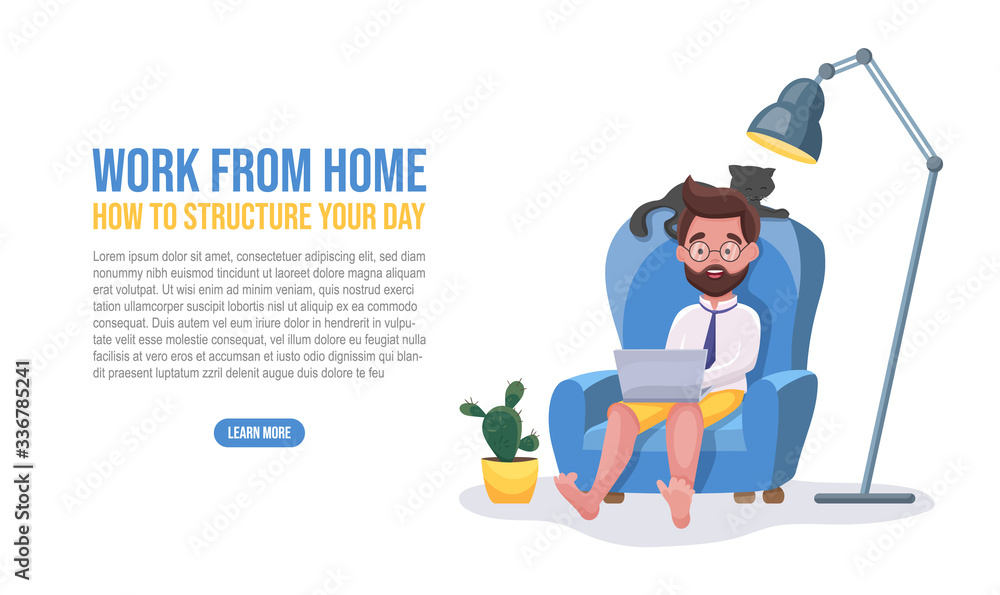 Freelancer working from home and connecting online, telework and online communications concept. Man work at home in the chair in the room with cat, plant, lamp. Vector flat cartoon illustration Freelancer working from home and connecting online, telework and online communications concept. Man work at home in the chair in the room with cat, plant, lamp. Vector flat cartoon illustration