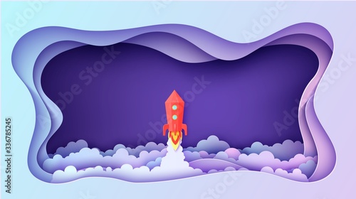 Night sky clouds rectangular frame and red rocket in paper cut style. Cut out 3d background with violet blue gradient cloudy panorama landscape and spacecraft launch papercut art. Cute vector card.