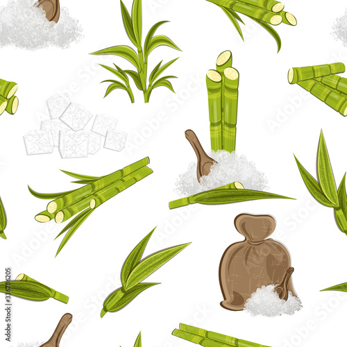 Seamless pattern with sugarcane. Template for paper, texture, fabric, wrap, packaging. Granulated sugar and pieces, cane sticks, green leaf, etc. isolated on white background.