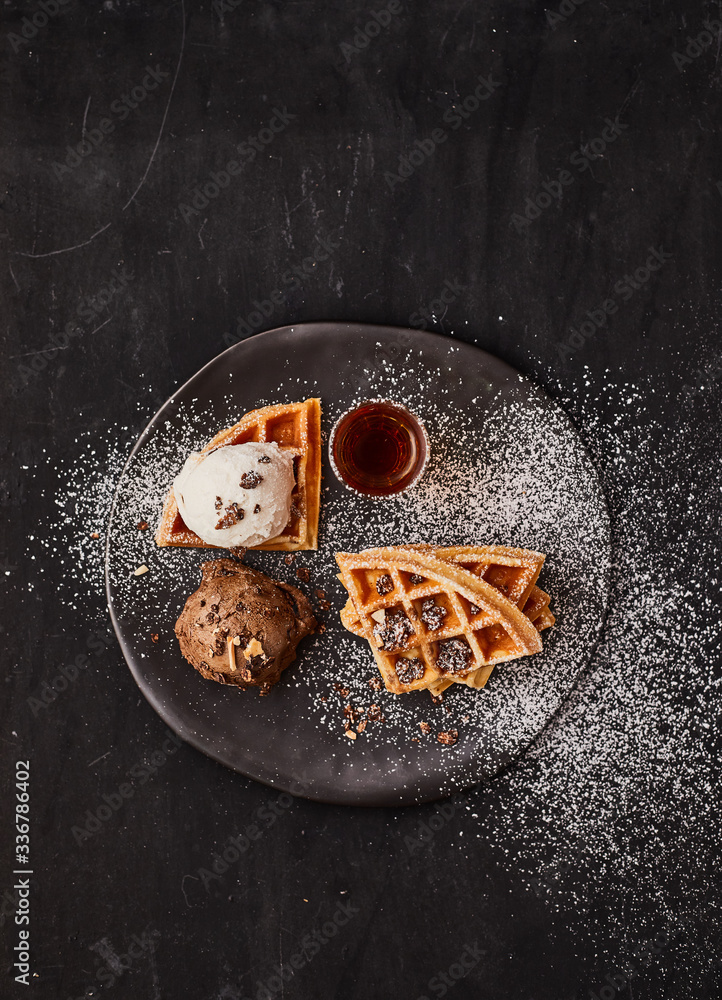 waffle with ice cream and caramel sauce.. waffle with ice cream and caramel sauce..