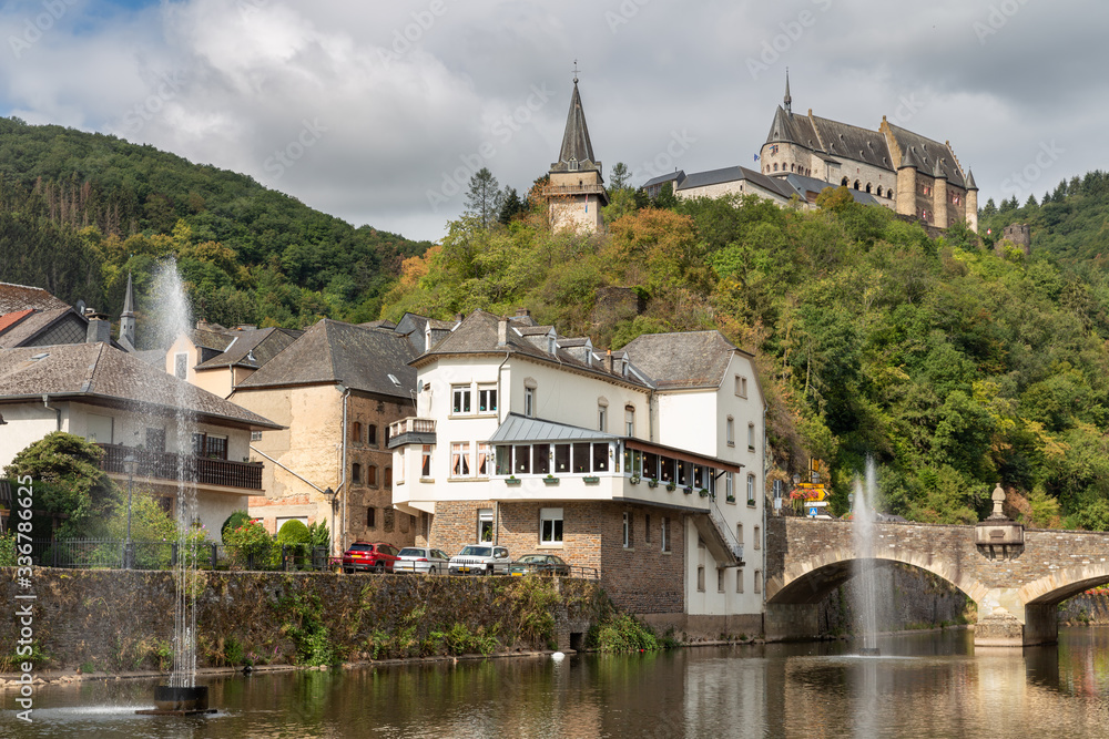 Vianden castle above valley and river Our in Luxembourg