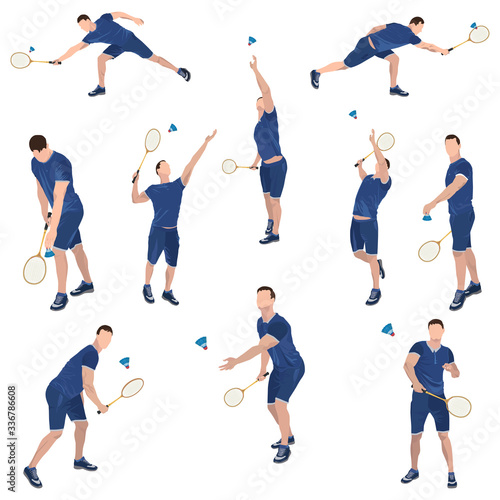 Badminton player with racket and shuttlecock set, vector flat isolated illustration