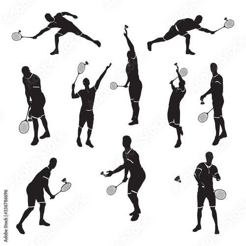 Badminton player with racket and shuttlecock black silhouette set, vector illustration