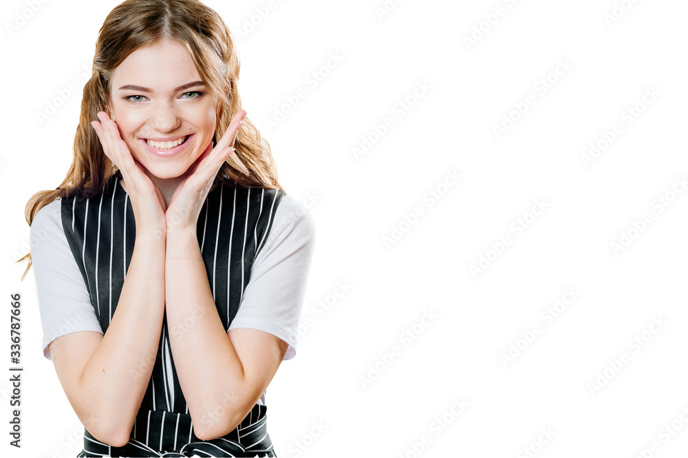 Wow. Close up portrait of a beautiful girl young woman, looking excited, keeping her mouth open, hands on her head, isolated white background. Shocked, surprised, amazed. Positive human emotions Wow. Close up portrait of a beautiful girl young woman, looking excited, keeping her mouth open, hands on her head, isolated white background. Shocked, surprised, amazed. Positive human emotions
